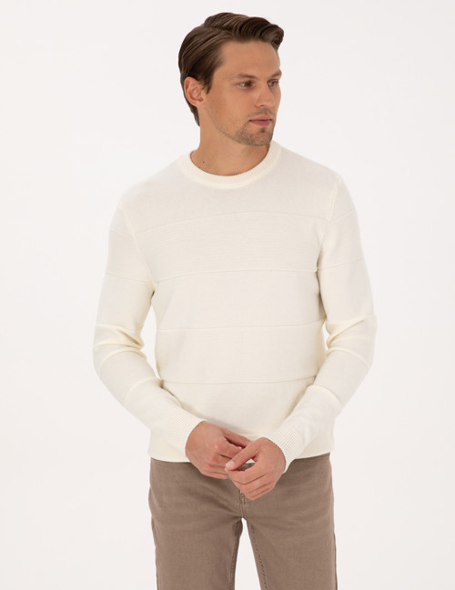 Ekru Slim Fit Bisiklet Yaka Triko Kazak 50315713-VR019