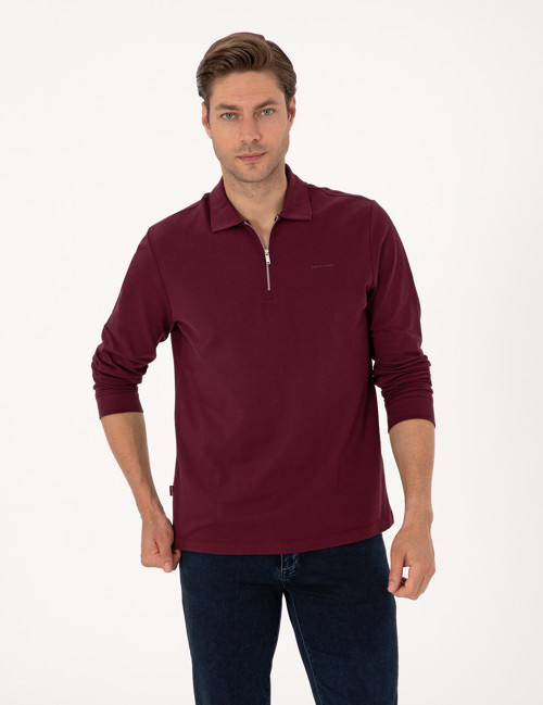 Bordo Slim Fit Kıvrılmaz Fermuarlı Polo Yaka Basic Pike Sweatshirt 50314046-VR014