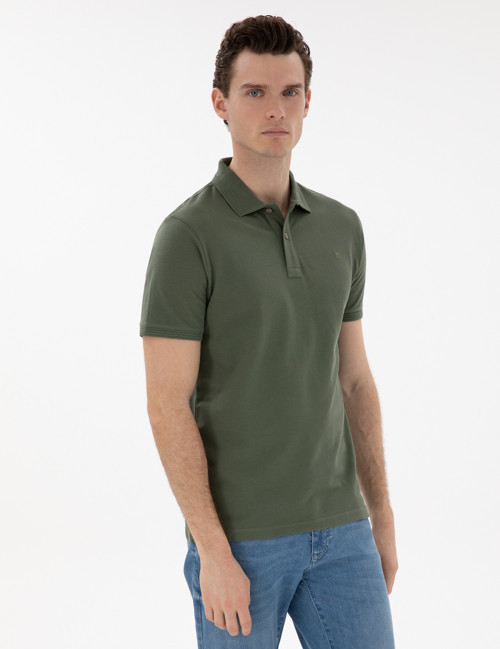 Haki Slim Fit %100 Pamuk Kıvrılmaz Düğmeli Polo Yaka Basic Tişört 50302561-VR027