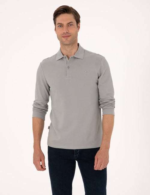 Gri Slim Fit Kıvrılmaz Polo Yaka Basic Pike Sweatshirt 50314048-VR024