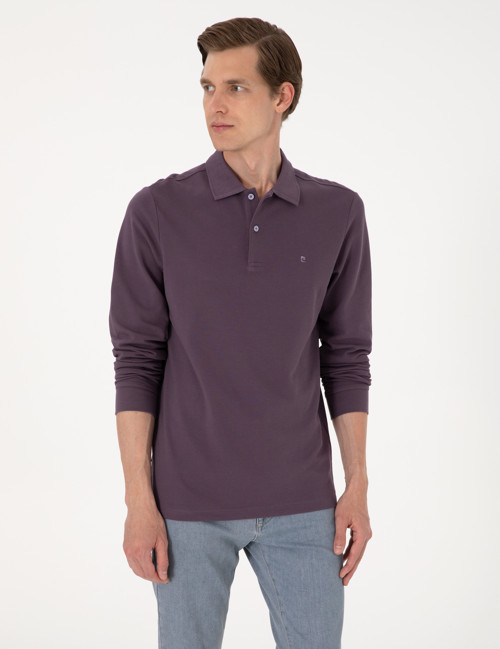 Mor Slim Fit Kıvrılmaz Polo Yaka Basic Pike Sweatshirt 50314048-VR038