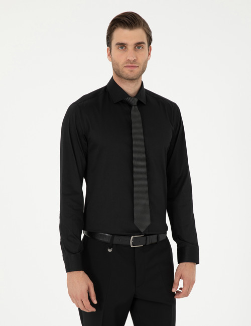 Siyah Likralı Kolay Ütülenebilir Ekstra Slim Fit Basic Gömlek 50292526-VR046
