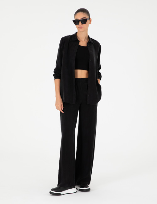 Siyah Yüksek Bel Kupro Kumaş Loose Fit Pantolon 50291295-VR046