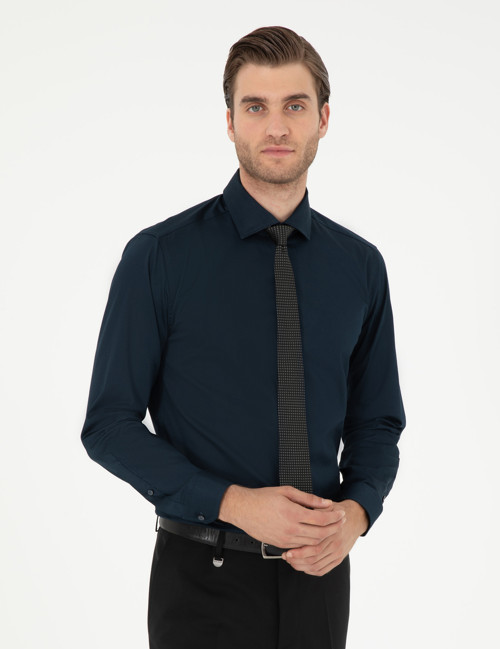 Lacivert Likralı Kolay Ütülenebilir Ekstra Slim Fit Basic Gömlek 50292526-VR033