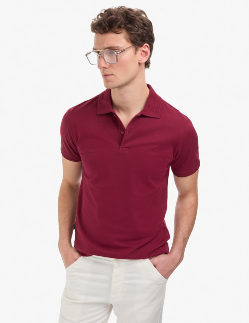 Bordo Slim Fit %100 Pamuk Kıvrılmaz Düğmeli Polo Yaka Basic Tişört