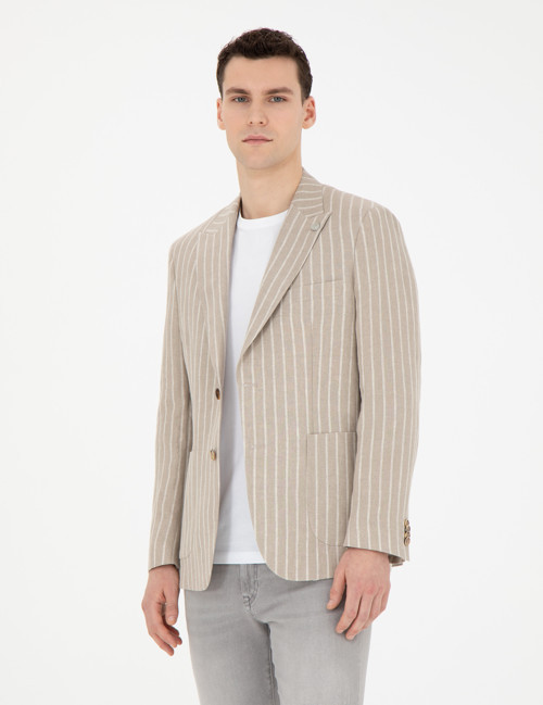 Açık Kahverengi Slim Fit Keten Çizgili Ceket 50284995-VR002
