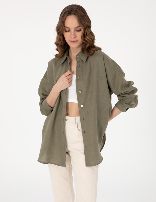 Haki Oversize Uzun Kollu %100 Keten Gömlek 50301078-VR027