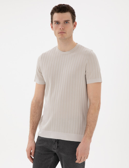 Bej Slim Fit Bisiklet Yaka Triko Tişört 50305991-VR011