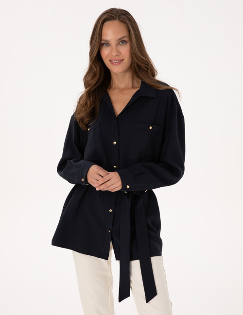 Lacivert Oversize Kuşak Detaylı Cepli Gömlek 50314120-VR033
