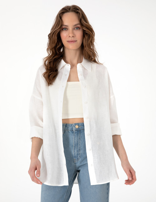 Beyaz Oversize Uzun Kollu %100 Keten Gömlek 50301078-VR013