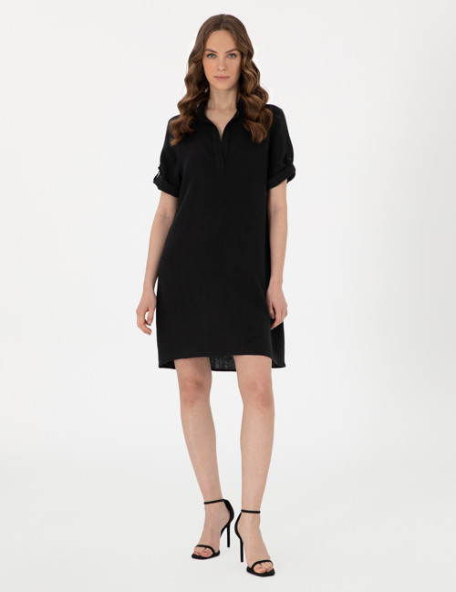 Siyah Regular Fit Keten Kısa Dokuma Elbise 50309345-VR046