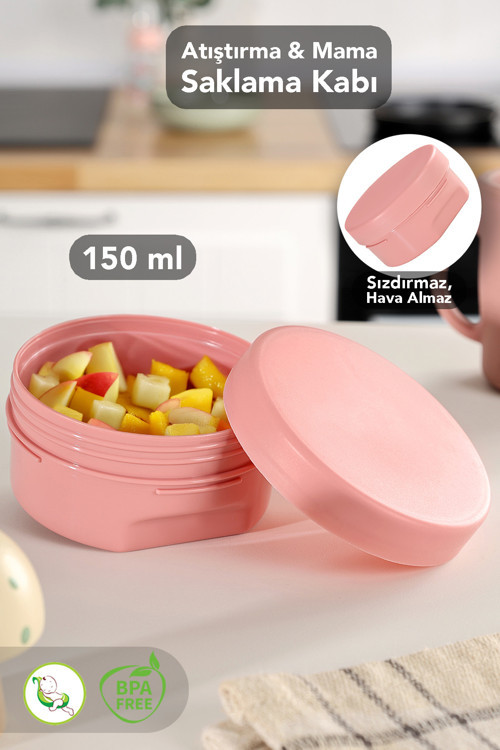1 Adet Kapaklı Atıştırma Kabı - Yuvarlak Çocuk Atıştırmalık Bebek Beslenme Mama Kabı 150Ml Pembe