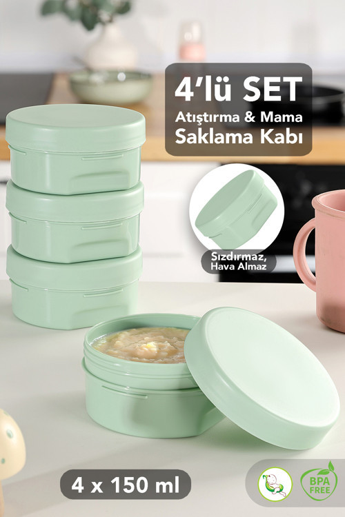 4'Lü Kapaklı Atıştırma Kabı Seti - Yuvarlak Çocuk Atıştırmalık Bebek Beslenme Mama Kabı 150Ml Yeşil