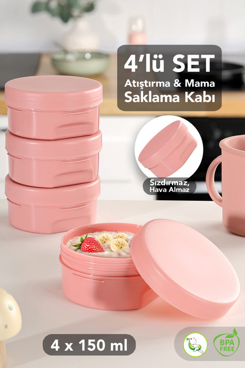 4'Lü Kapaklı Atıştırma Kabı Seti - Yuvarlak Çocuk Atıştırmalık Bebek Beslenme Mama Kabı 150Ml Pembe