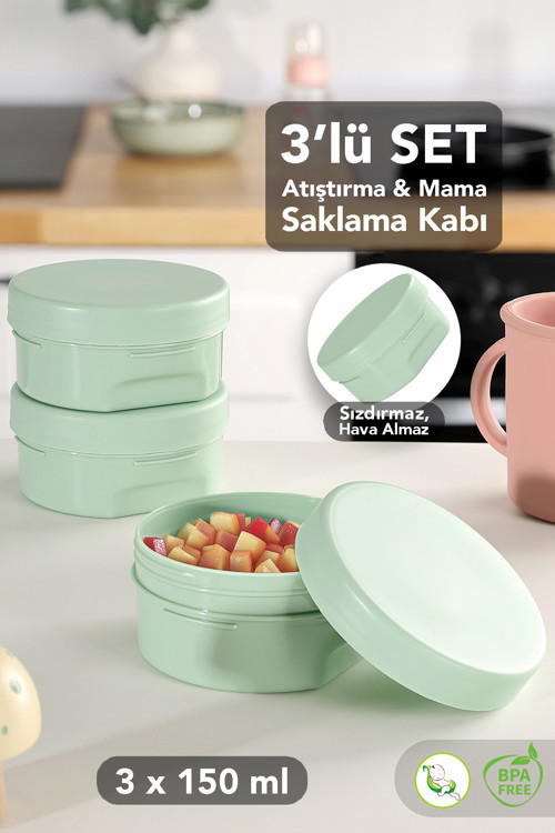 3'Lü Kapaklı Atıştırma Kabı Seti - Yuvarlak Çocuk Atıştırmalık Bebek Beslenme Mama Kabı 150Ml Yeşil