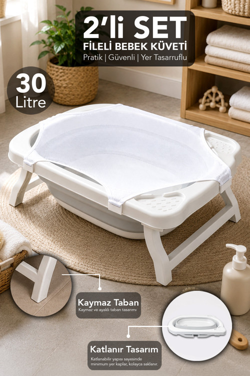 Katlanır Bebek Küveti - Akordiyon Kaymaz Taban Çocuk Banyo Küveti Gri File Hediyeli
