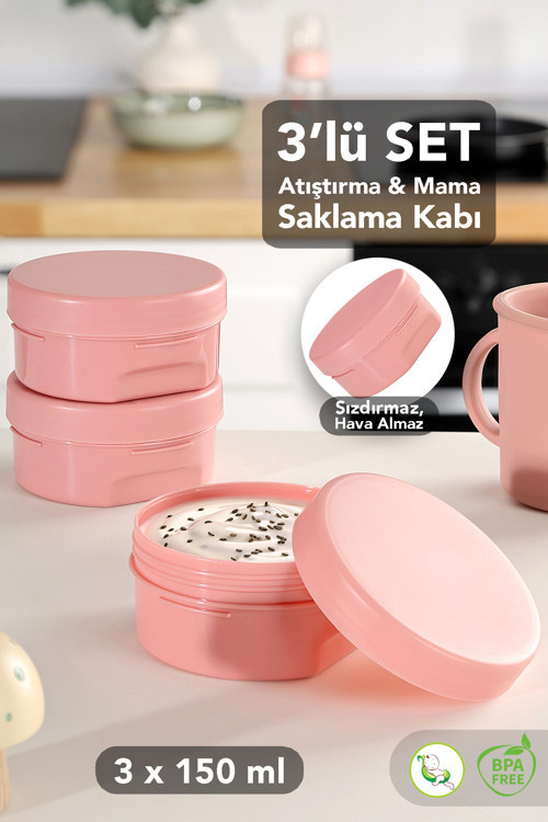 3'Lü Kapaklı Atıştırma Kabı Seti - Yuvarlak Çocuk Atıştırmalık Bebek Beslenme Mama Kabı 150Ml Pembe