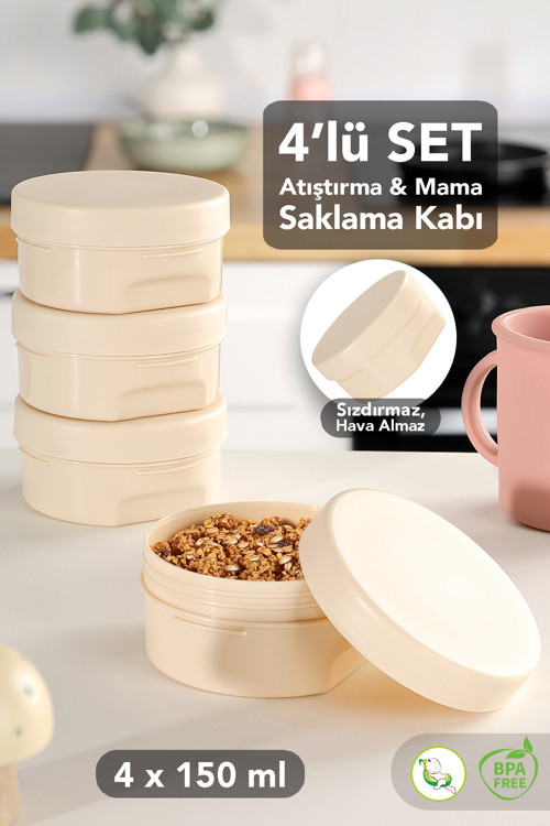 4'Lü Kapaklı Atıştırma Kabı Seti - Yuvarlak Çocuk Atıştırmalık Bebek Beslenme Mama Kabı 150Ml Bej
