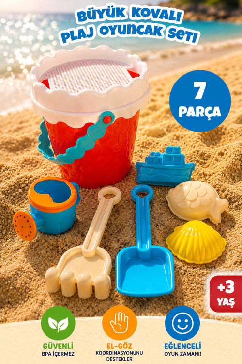 7 Parça Kale Plaj Oyun Seti - Kum Kovası Suluk Ve Kalıplı Kum Oyuncağı Kırmızı