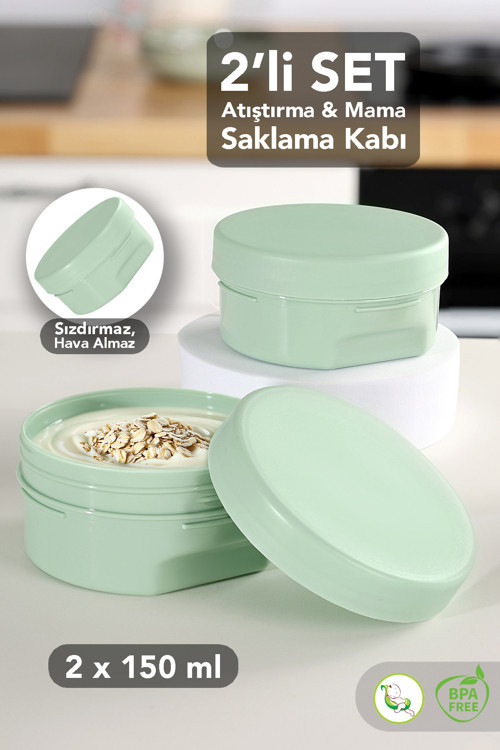2'Li Kapaklı Atıştırma Kabı Seti - Yuvarlak Çocuk Atıştırmalık Bebek Beslenme Mama Kabı 150Ml Yeşil