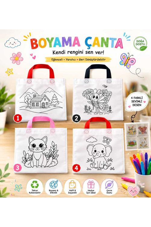 Plus Çocuk Boyama Çantası,Boyama Bez Çanta Tote Bag,Eğitici ,10’Lu Paket 25*20 Çanta