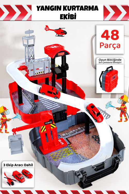 48 Parça İtfaiye Oyuncak Seti - Sırt Çantalı Asansörlü Araba Garaj Helikopter Pisti Oyun Seti