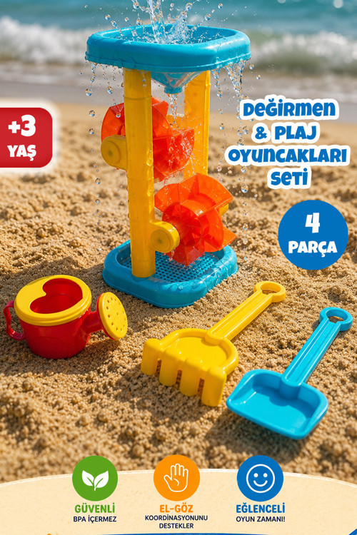 Su Değirmeni Oyun Seti - Kürek Tırmık Sulama Kabı Ve Dönen Değirmenli Plaj Kum Oyuncağı