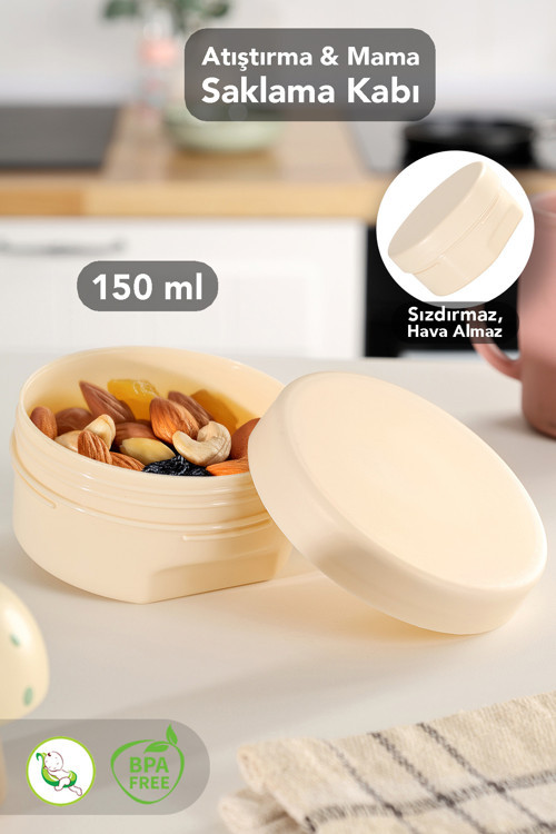 1 Adet Kapaklı Atıştırma Kabı - Yuvarlak Çocuk Atıştırmalık Bebek Beslenme Mama Kabı 150Ml Bej