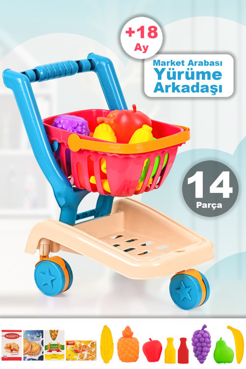 14 Parça Oyuncak Market Arabası - İlk Adım Yürüme Arkadaşı Meyve Sebze Atıştırmalık Alışveriş Sepeti