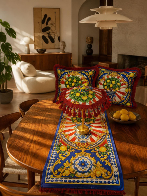 Limona Red Bohem Ledli Bali Şemsiyesi Seti (LED'li Şemsiye + 2 Adet Kırlent + Runner)