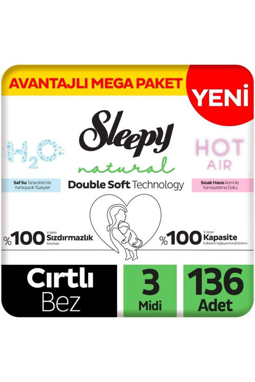 Natural Double Soft Avantajlı Mega Paket Bebek Bezi 3 Numara Midi 136 Adet