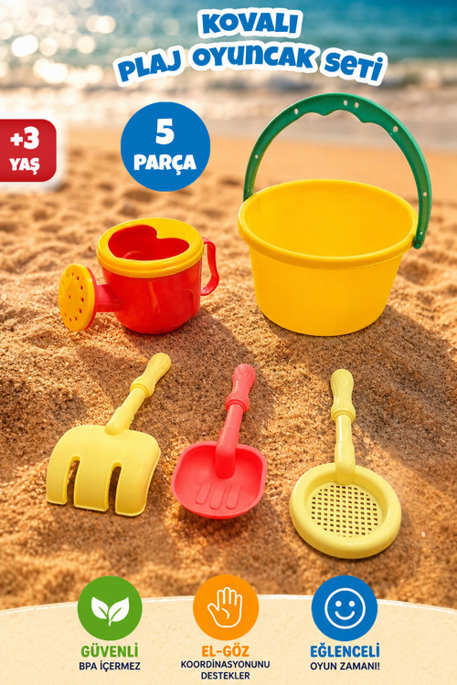 5 Parça Küçük Boy Plaj Seti - Kova Elek Tırmık Kürek Ve Sulama Kaplı Kum Oyuncağı Sarı