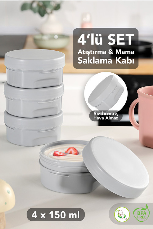 4'Lü Kapaklı Atıştırma Kabı Seti - Yuvarlak Çocuk Atıştırmalık Bebek Beslenme Mama Kabı 150Ml Gri