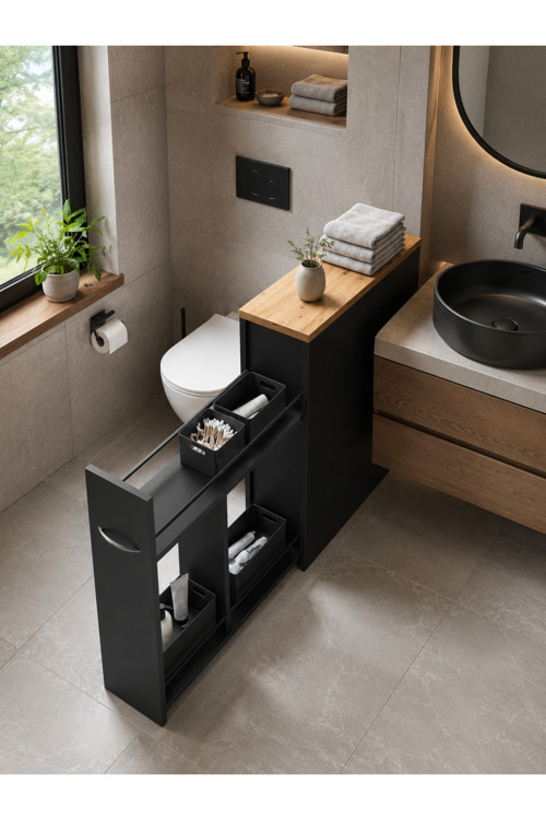 Banyo Rafları Banyo Dolabı Mutfak Organizer Düzenleyici Çok Amaçlı Dolap Sürgülü Raflı İnce Kiler Erzak Deterjan Dolabı Yukon Siyah - Çam