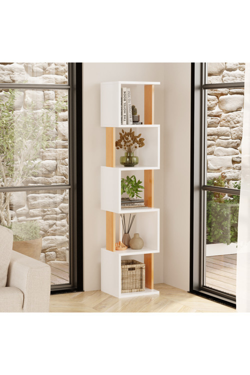 Modern Kitaplık Çok Amaçlı Dekoratif Raf Salon Kitaplığı Ofis Çalışma Odası Raf Dolap Milan Beyaz - Çam