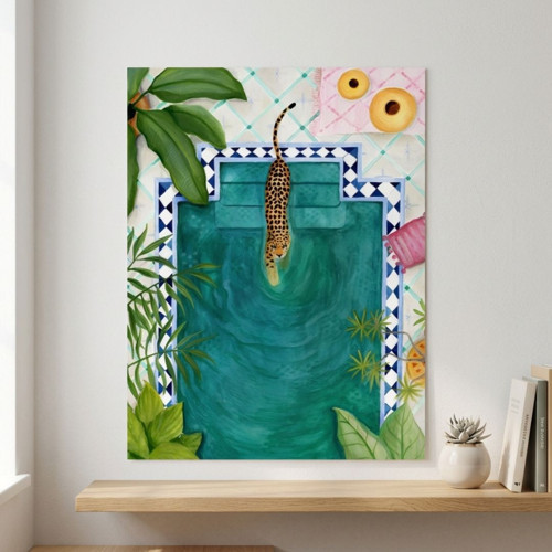 Boho Tarzı Leoparlı Havuz Baş Çerçevesiz Tablo - Lüks Görünümlü Salon ve Yatak Odası Duvar Posteri