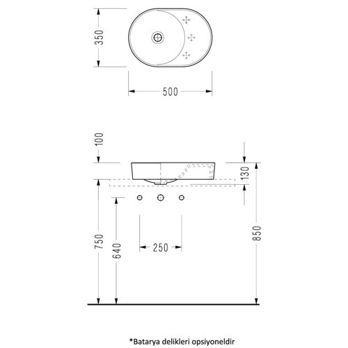 Sapphire Opsiyonel Batarya Delikli Tezgah Üstü Lavabo 35x50 Cm Beyaz - SP40SXS110H