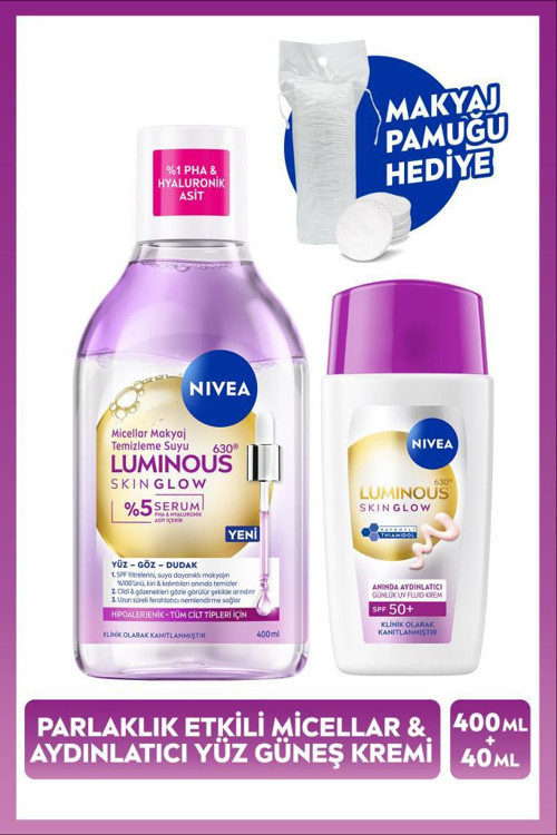 SPF50 Güneş Koruyucu Luminous630 Skin Glow Yüz Kremi ve Micellar Makyaj Temizleme Suyu,Pamuk Hediye
