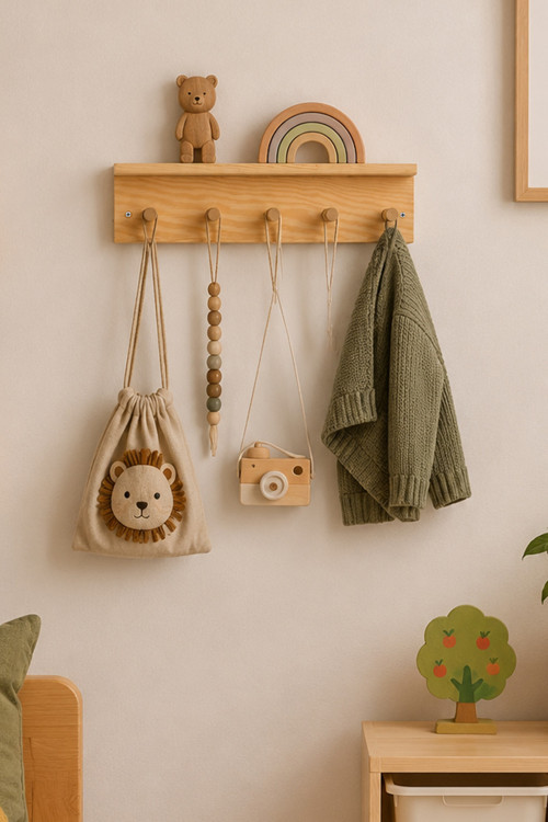 Ahşap Askılık Raf ve Kitaplık Raf Eğitici Montessori Duvar Rafı 40 Cm