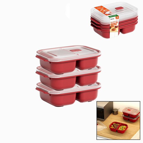 3 PCS KIRMIZI BÖLME DİKDÖRTGEN SAKLAMA KABI SETİ 1200ML (4604)
