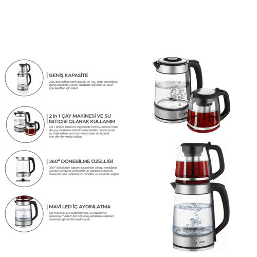 2İN1= ÇAYCI - KETTLE ÇELİK ELEKTRİKLİ ÇAY MAKİNESİ 2LT + 1,2LT ÇAY SÜZGEÇLİ 360° DÖNEBİLİR STM-5990 (4604)