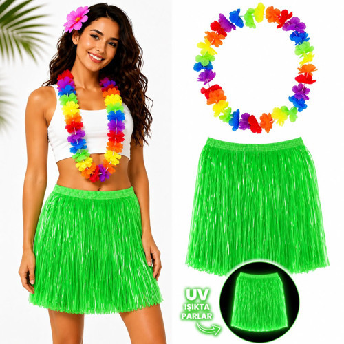Neon Yeşil Hawaii Etek 40 cm ve Rengarenk Hawaii Kolye (4604)