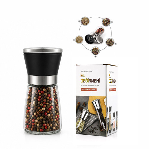 HAND GRINDER KÜÇÜK CAM HAZNELİ - PLS.KAPAKLI - KROM BELLİ TUZ - BAHARAT ÖĞÜTÜCÜ (4604)