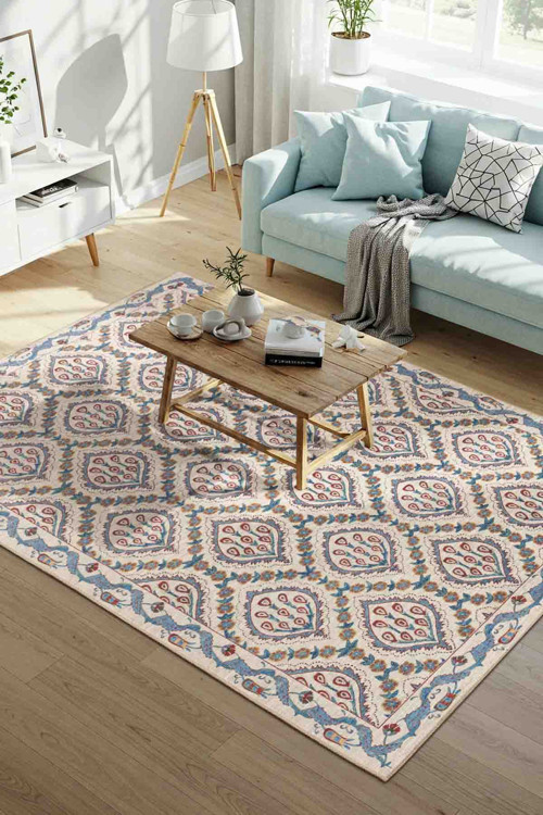 Nora Krem / Mavi Vintage Dokulu Geometrik Desenli Dokuma Tabanlı Şönil Halı AL 479