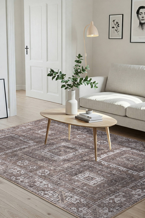 Stonart Eskitme Vintage Desenli Kahverengi Otantik Yıkanabilir Şönil Halı AL 460