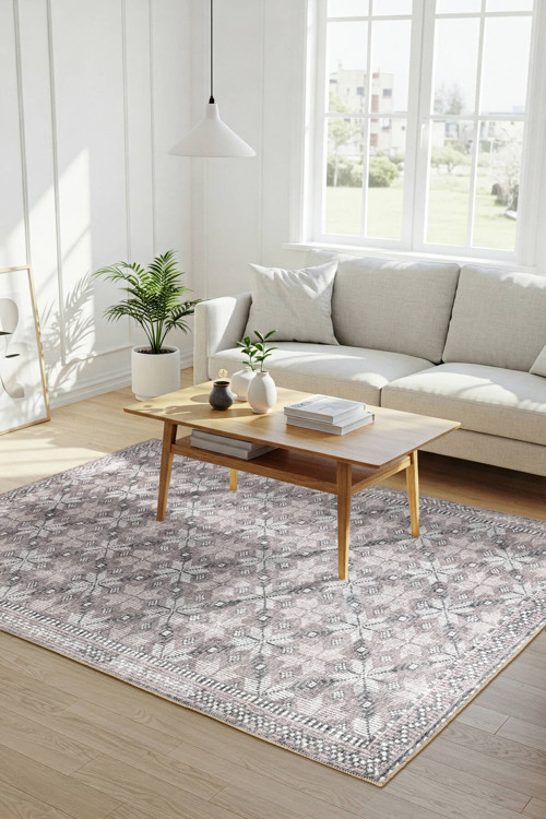 Stonart Eskitme Vintage Desenli Bej/Pudra Otantik Yıkanabilir Şönil Halı AL 459