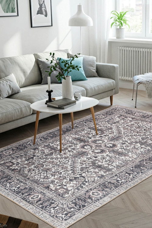 Stonart Eskitme Vintage Desenli Gri Otantik Yıkanabilir Şönil Halı AL 453