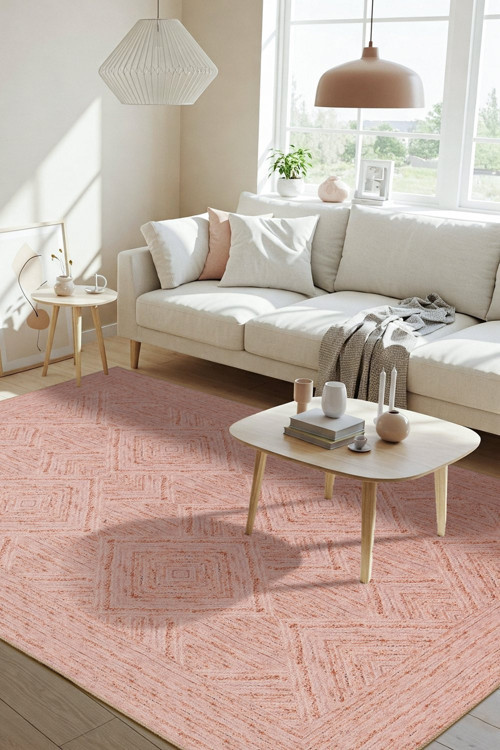 Nora Pudra Geometrik Desenli Dokuma Tabanlı Modern Şönil Halı AL 497