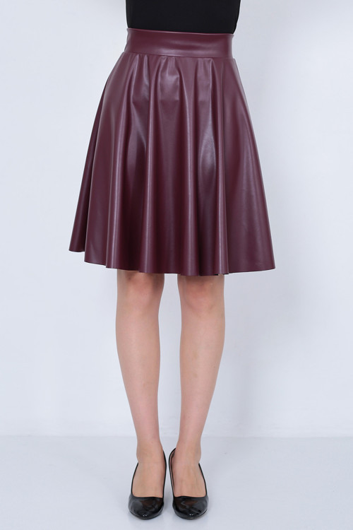 Kadın Bordo Suni Deri Kloş Etek Faux Leather