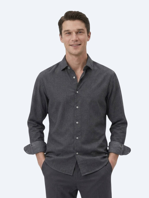 Siyah Düz Regular Fit Uzun Dokuma Casual Pamuk Karışımlı Gömlek